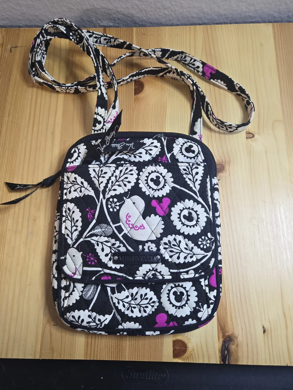 Vera Bradley Disney Black Floral Crossbody with Cream & Pink Accents